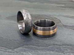 custom made Tantalum and rose gold wedding ring set with diamonds