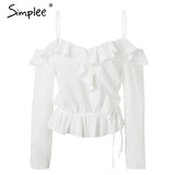 Simplee Sexy stap ruffle blouses shirts women V neck cold shoulder summer blusas feminina Vintage long sleeve white blouse top