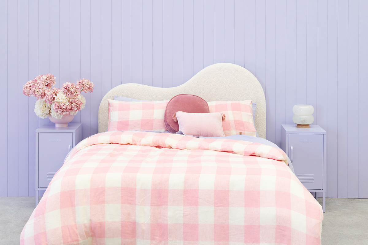 Styled Kip + Co bed in pink with Lilac Shorty locker either side