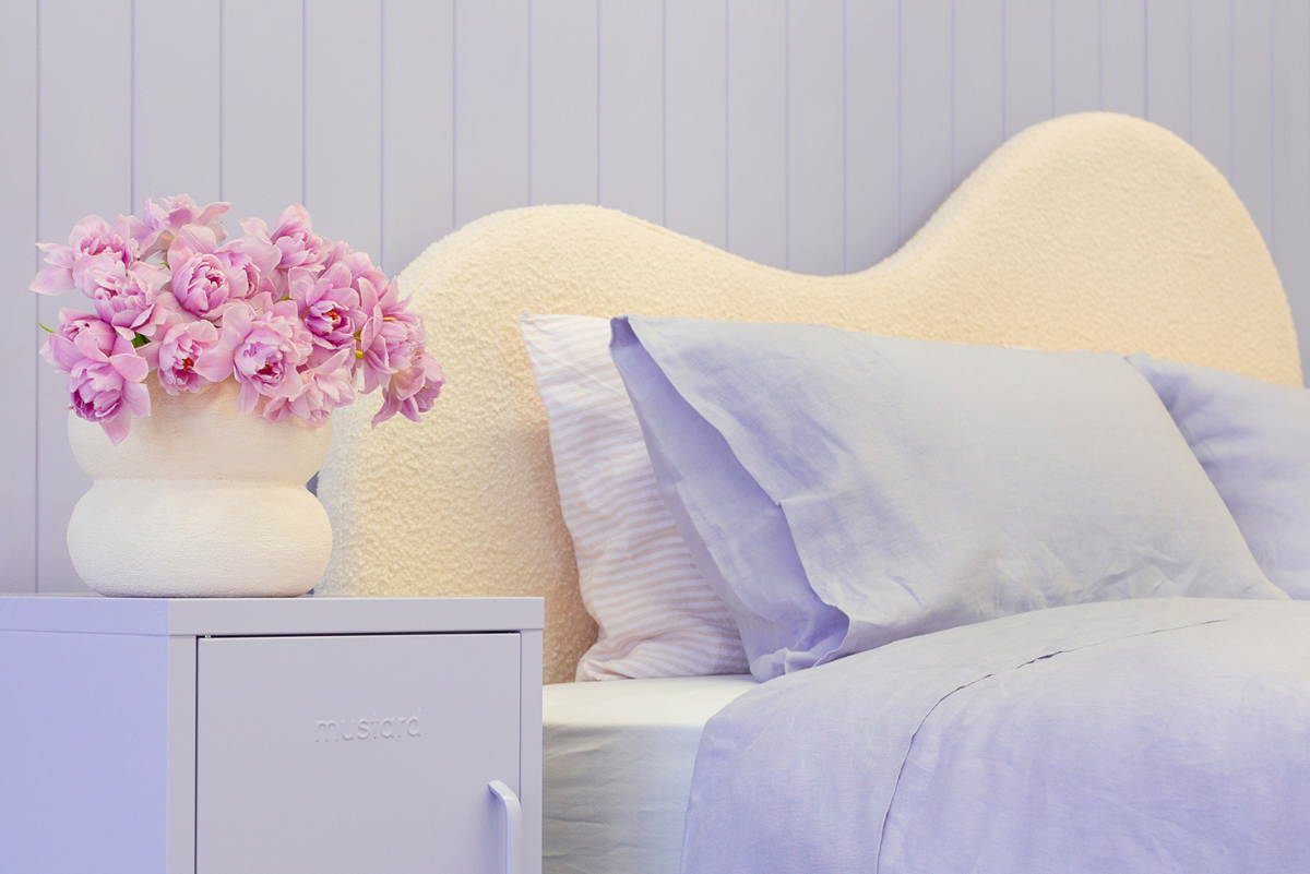 Styled Kip + Co bed in lilac with Lilac Shorty locker either side - close up 