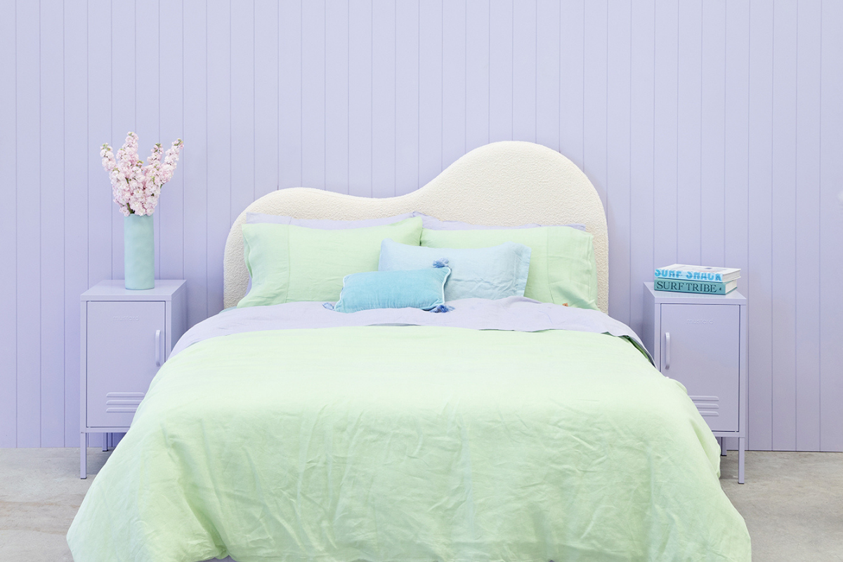 Styled Kip + Co bed in mint green with Lilac Shorty locker either side