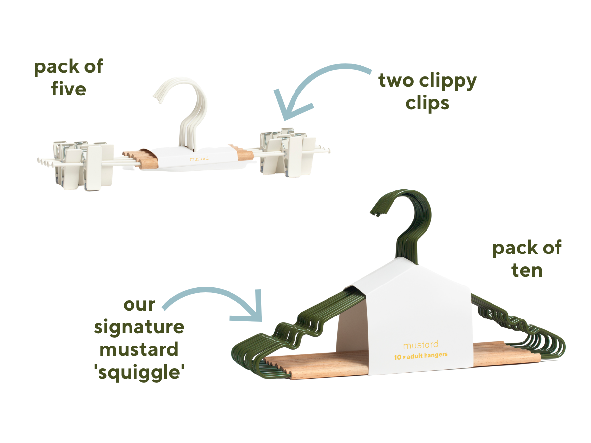 Image of two packs of hangers with arrows pointing to features