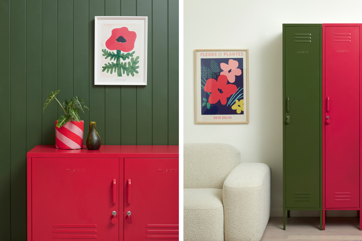 Mustard Made lockers Poppy red and Olive green primary colours inspo