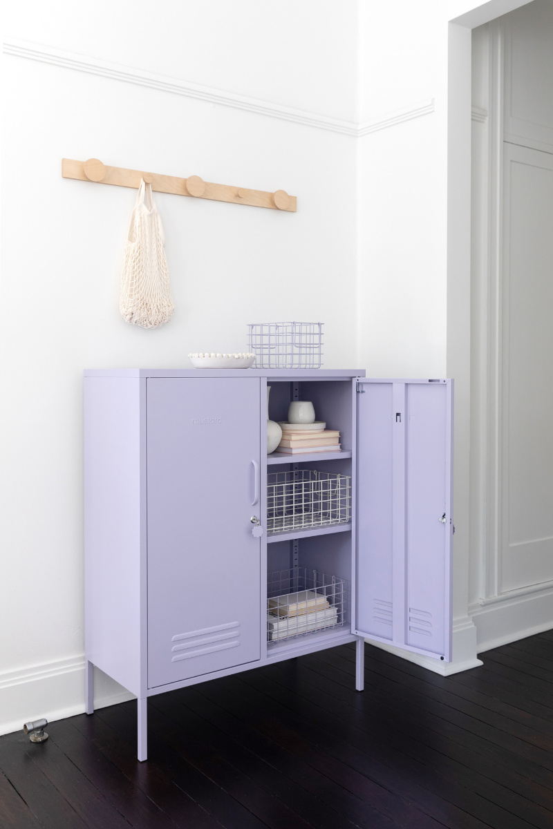 The Midi locker cabinet in lilac purple mustard made lockers