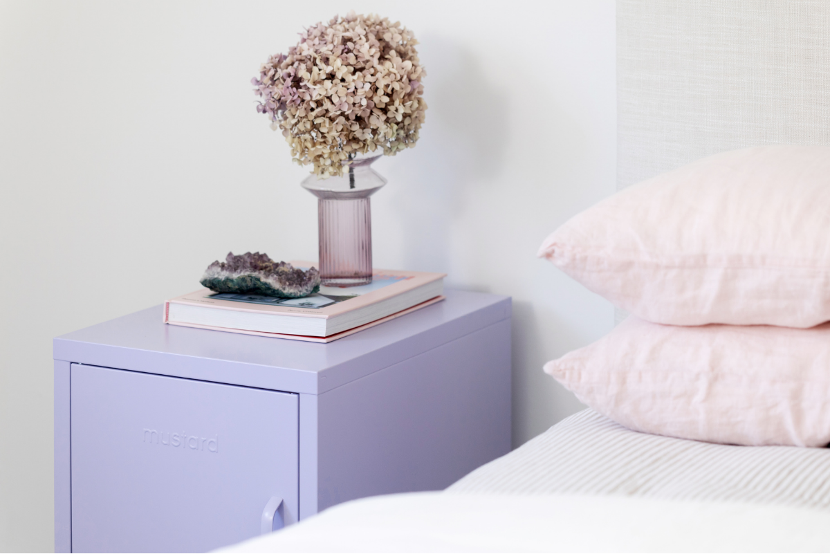 The Shorty bedside table in lilac purple mustard made lockers