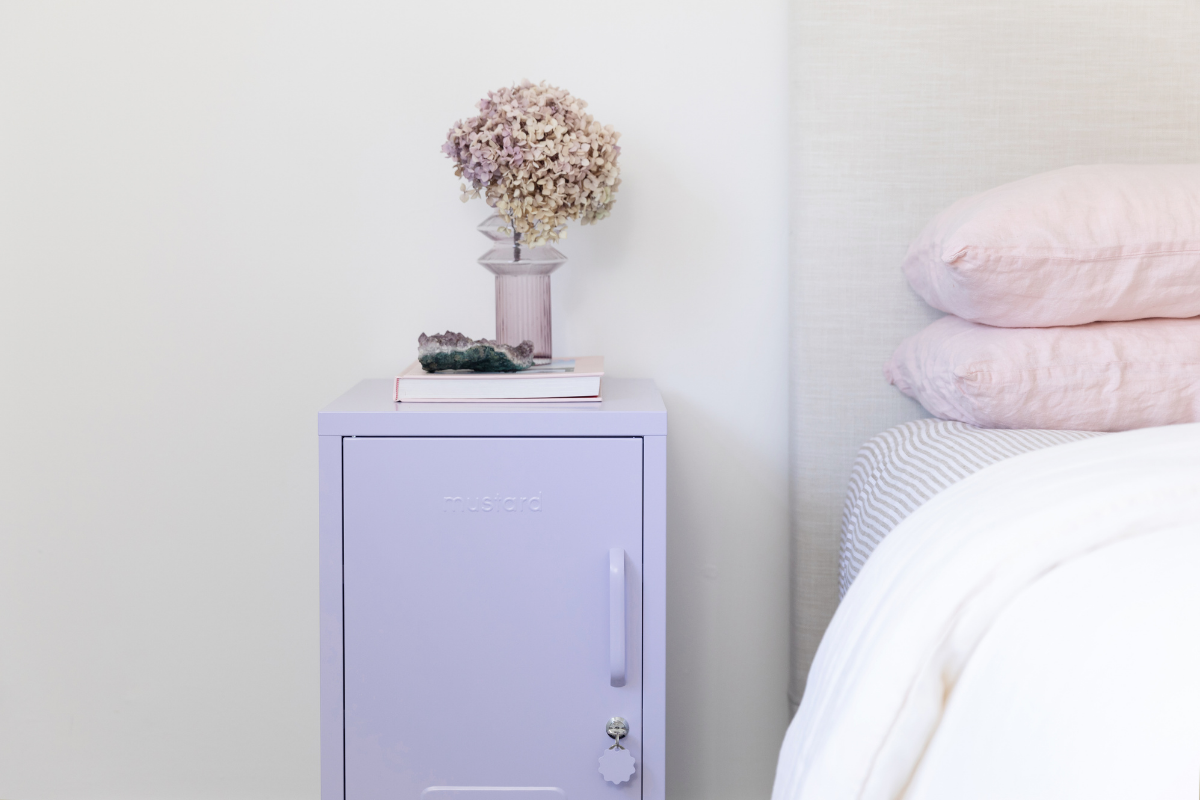 The Shorty locker bedside table in lilac purple mustard made lockers