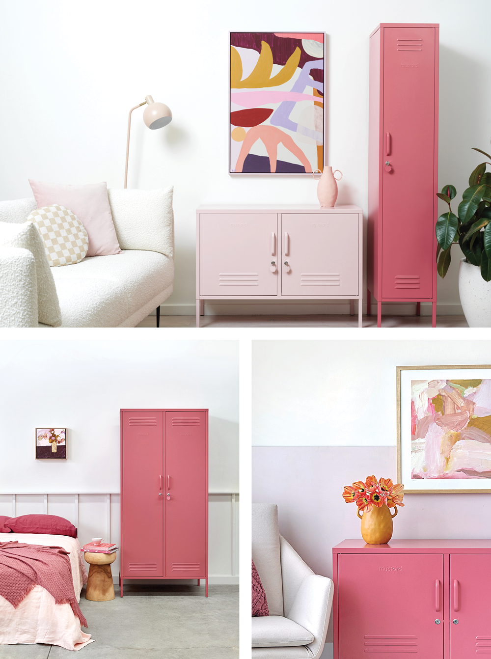 A collection of images showcasing Berry pink lockers used as an accent in otherwise neutral spaces.
