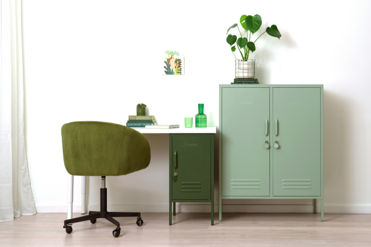 Mustard locker desk the Shorty bedside table and the Midi cabinet in green