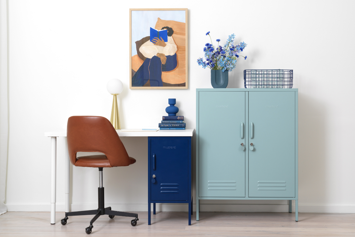 Mustard locker desk the Shorty bedside table and the Midi cabinet in blue