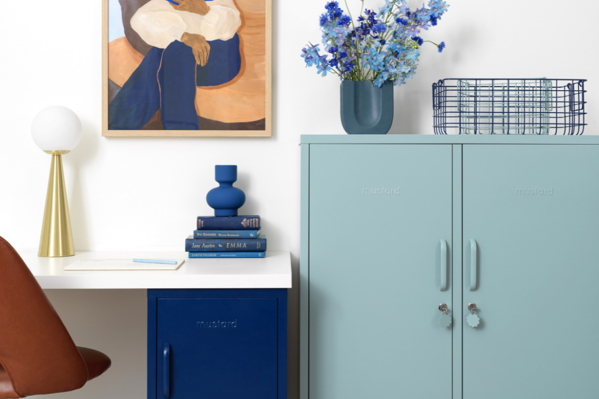 Mustard locker desk the Shorty bedside table and the Midi cabinet in blue