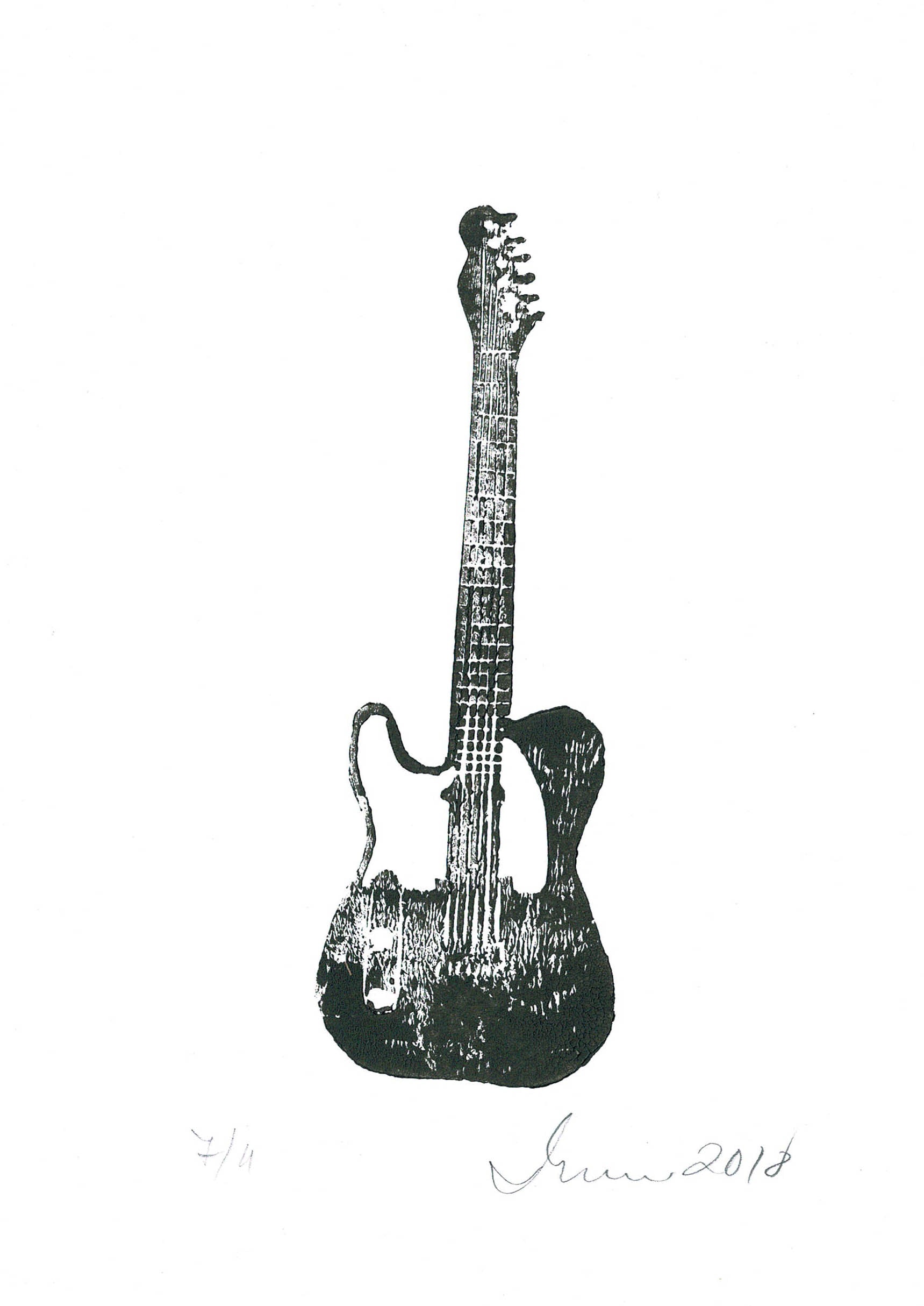 A5 lino cut impression of classic electric guitar in black ink