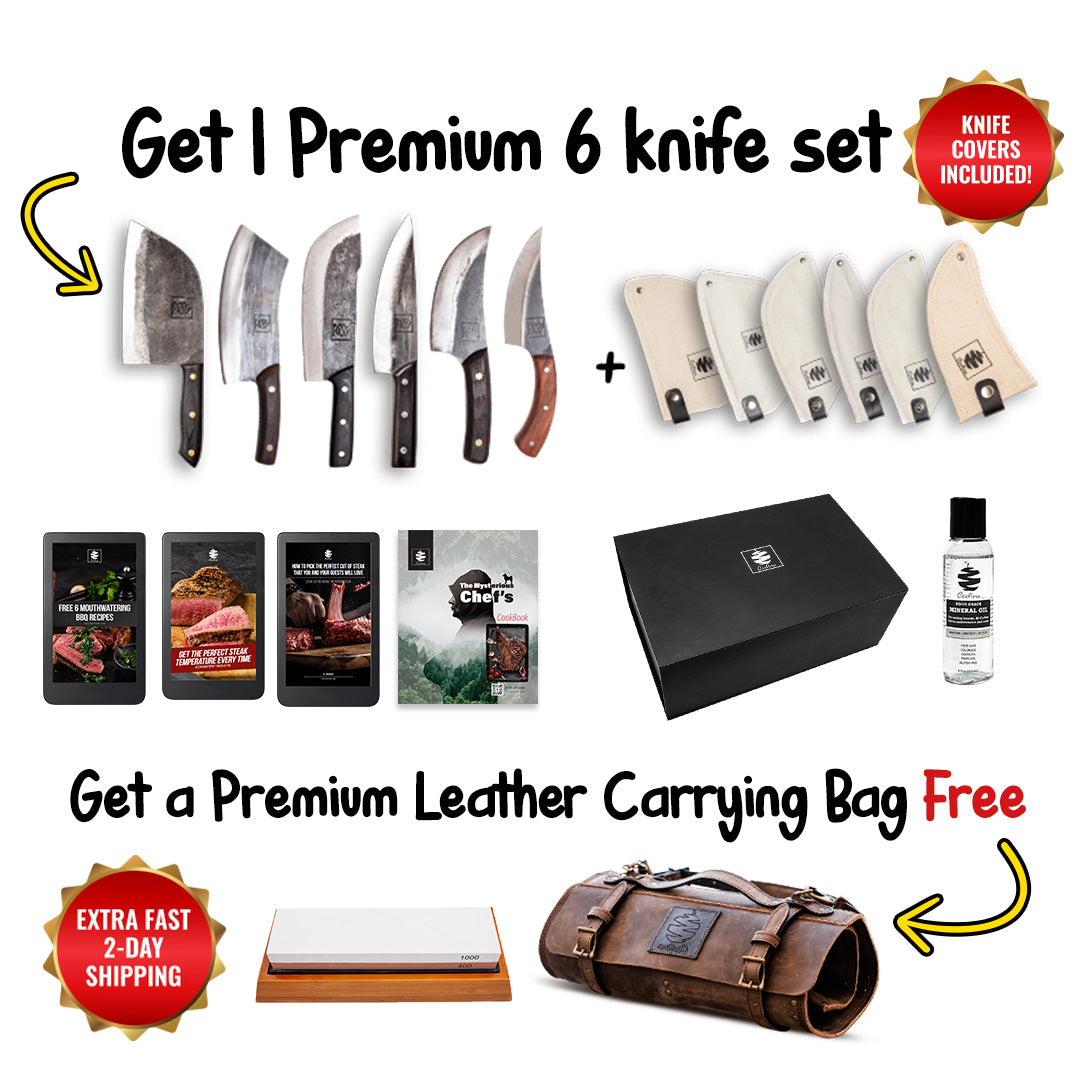 Carbon Steel Chef Knife Set With Rolling Leather Bag Red