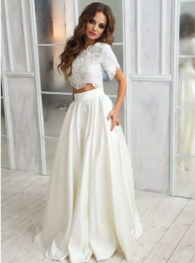 Two Piece Bridal Gownsatin Bridal Gownwedding Dress With Sleeveswd0 Wishingdress 3085