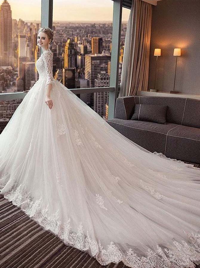 Princess Wedding Dresseswedding Dress With Sleevestulle Long Train B Wishingdress 0410