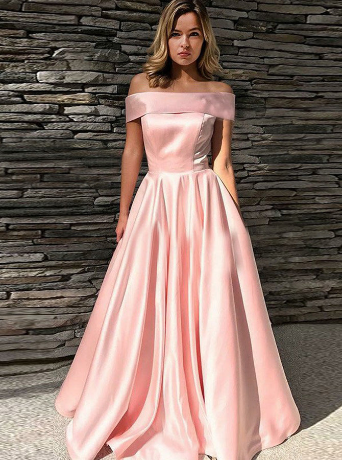 A-line Off the Shoulder Prom Gown,Satin Modest Evening Dress,Simple Pr ...