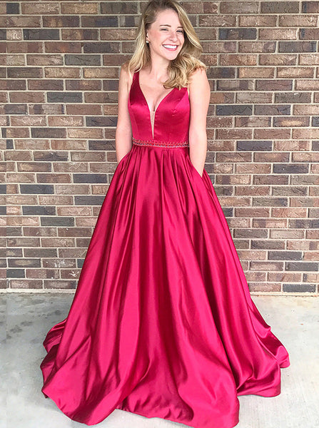 A-line V-neck Prom Dress,Satin Prom Dress with Pockets,Long Modest Pro ...