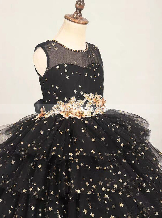 Black Sequined Little Girl Party Gown,Junior Girls Prom Gown,GPD0036