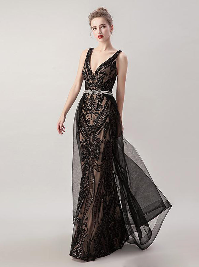 Black Sequined Prom Dress,Mermaid Prom Dress with Overskirt,PD00446 ...