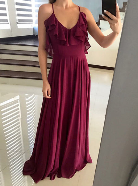 Burgundy Chiffon Bridesmaid Dress,Spaghetti Straps Prom Dress,Simple L ...