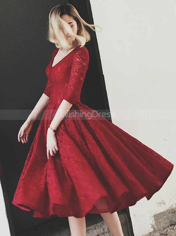 Burgundy Lace Party Dresses,Vintage Homecoming Dresses with Sleeves,HC ...