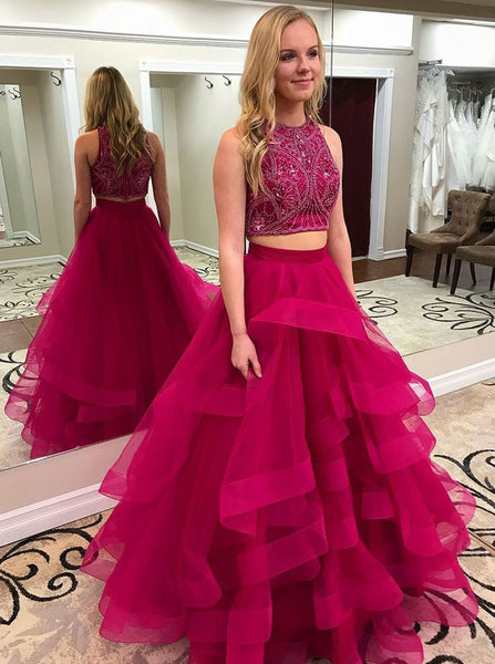 Burgundy Prom Dresses,Two Piece Prom Dress,Ruffled Tulle Prom Dress,PD ...