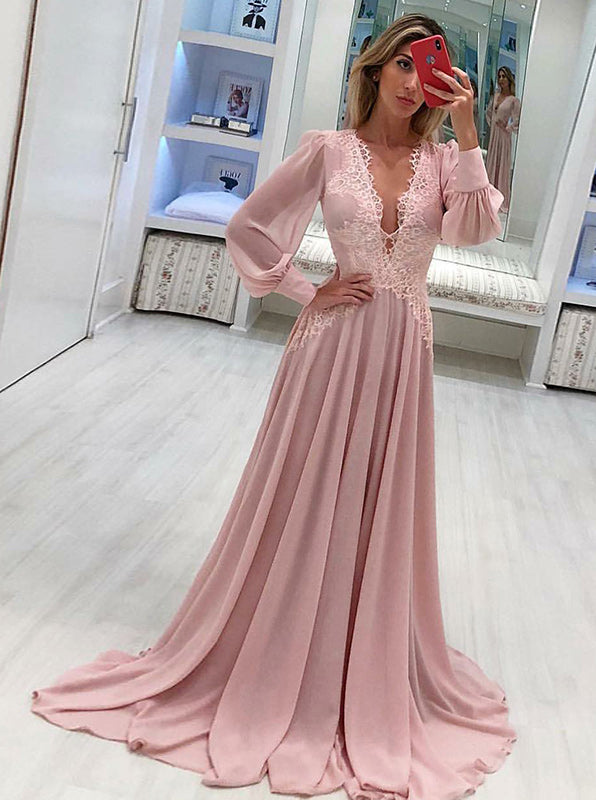 Chiffon Long Sleeves Prom  Dress  Deep V neck Evening  Dress  