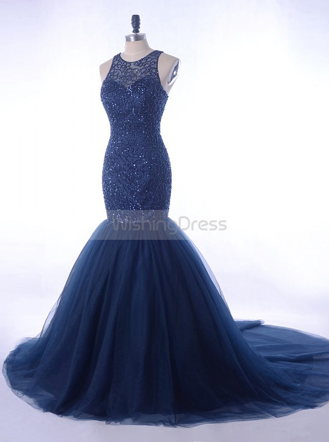 navy tulle prom dress