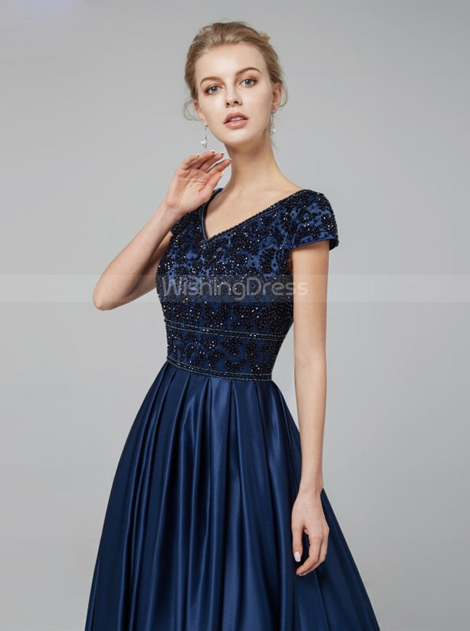 Dark Navy Prom Dress with Cap Sleeves,Satin Modest Evening Dress,PD004