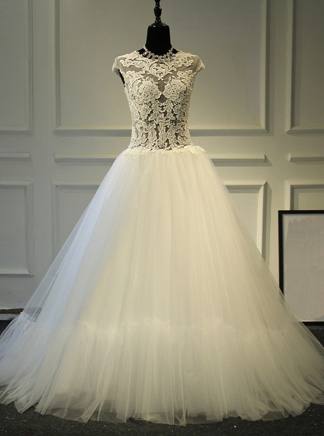 Illusion Ball Gown Dresses,Cap Sleeves Bridal Gown,High Neck Wedding D ...