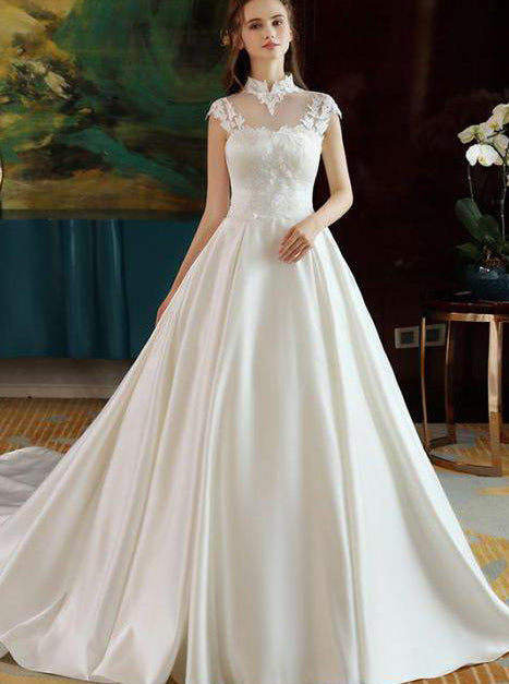 Ivory Wedding Dresses High Neck Wedding Dress Satin