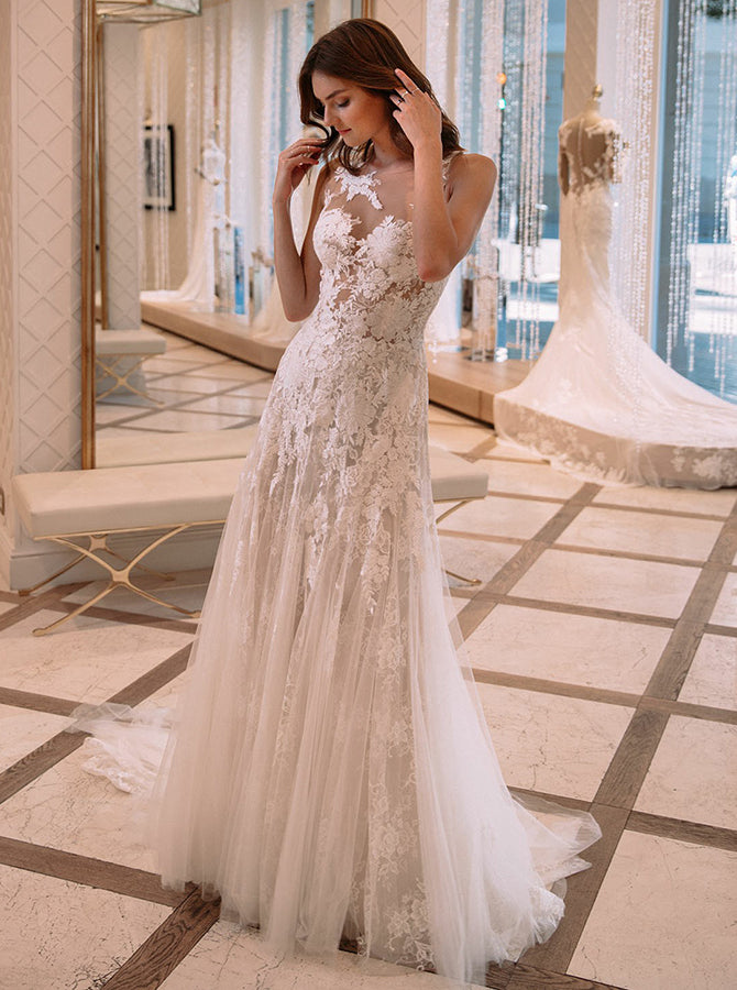 Lace Wedding Dresses,See Through Wedding Dress,Modern Wedding Dress,WD