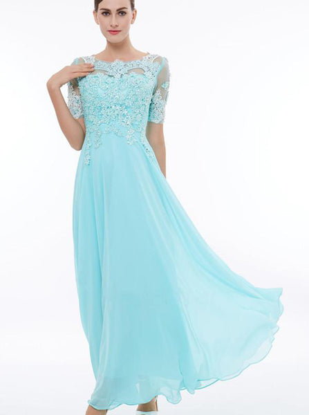 Light Blue Prom Dress,Prom Dress with Short Sleeves,Lace Chiffon Bride ...