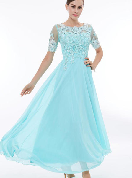 Light Blue Prom Dress,Prom Dress with Short Sleeves,Lace Chiffon Bride ...