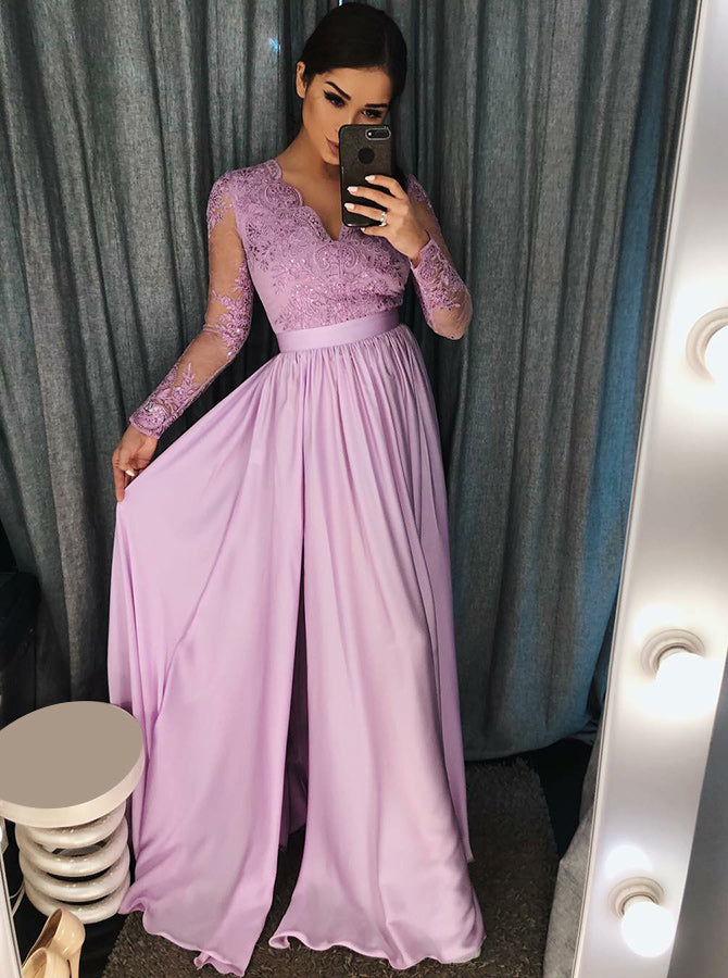 Lilac Prom Dresses,Prom Dress with Sleeves,Long Prom Dress,PD00310 ...