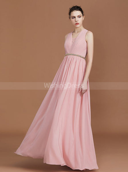 Pink Bridesmaid Dresses with Beaded Belt,Chiffon Bridesmaid Dress with ...