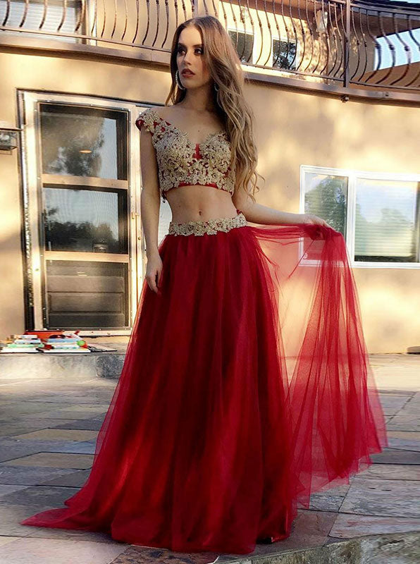 Red Two Piece Sexy Prom Dress,Tulle Long Prom Dress with Appliques,Tre ...