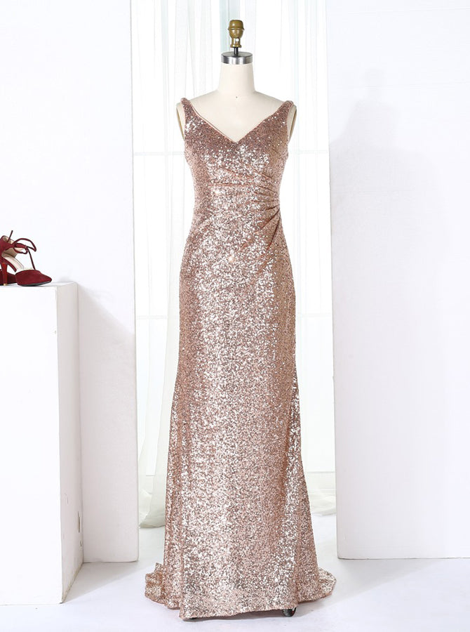 Rose Gold Sequined Bridesmaid Dresses with Train,Long Bridesmaid Dess ...