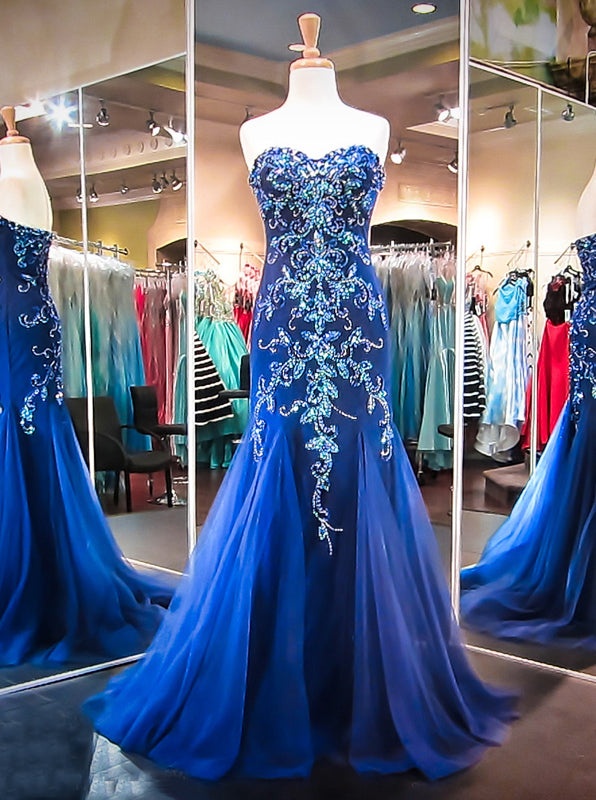 Royal Blue Mermaid Prom Dress,Sweetheart Tulle Prom Dress,Formal Eveni