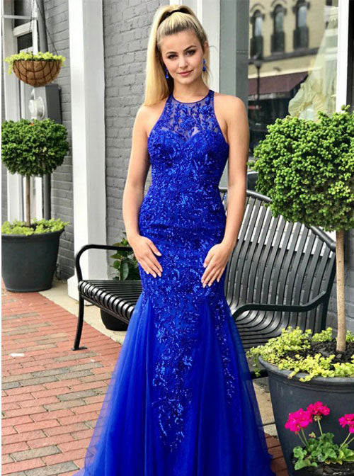 Royal Blue Mermaid Prom Dresses,Sequined Lace Evening Dress,PD00403