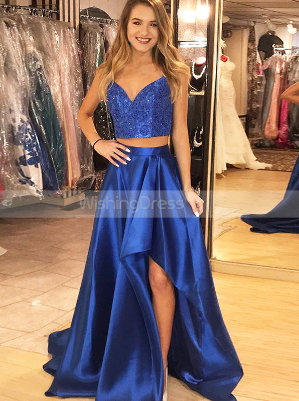 Royal Blue Two Piece Prom Dress,Satin Spaghetti Straps Prom Dress,Eleg ...