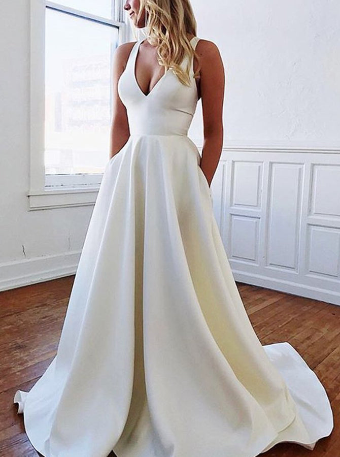 Satin Wedding Dress with Pockets,A-line Simple Wedding Dress,WD00424 ...