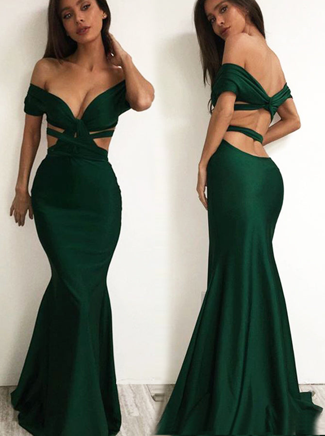 Sexy Dark Green Evening Dress Off The Shoulder Mermaid Prom Dress Tigh