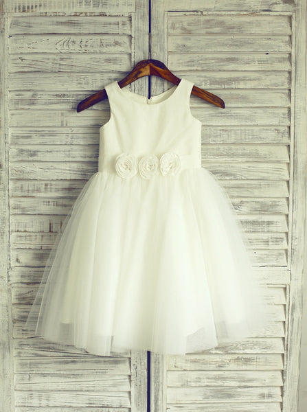 Simple Flower Girl Dress with 3D Flowers,White Flower Girl Dress,FD000 ...