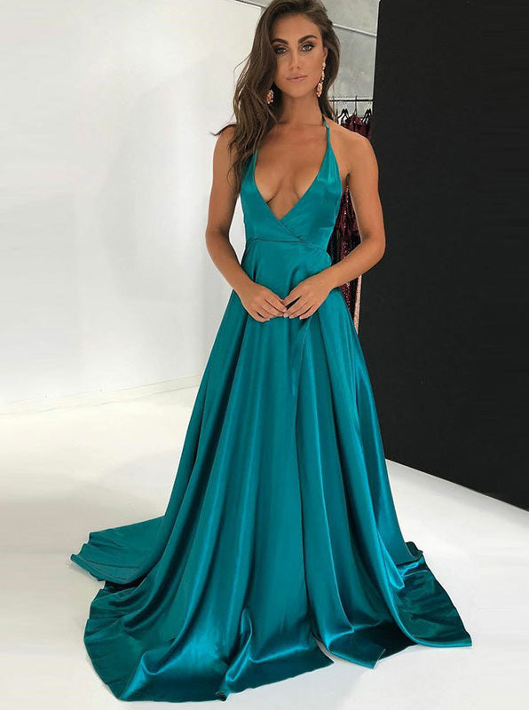 Turquoise Prom Dress,Halter Prom Dress with Train,Backless Evening Dre ...