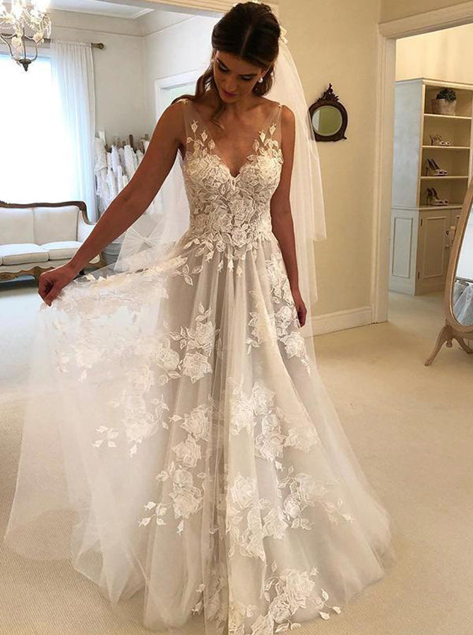  Illusion  Wedding Dresses  Tulle Bridal  Dress  Open Back 