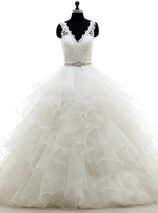 White Ball Gown Ruffled Organza Wedding Dress Backless 