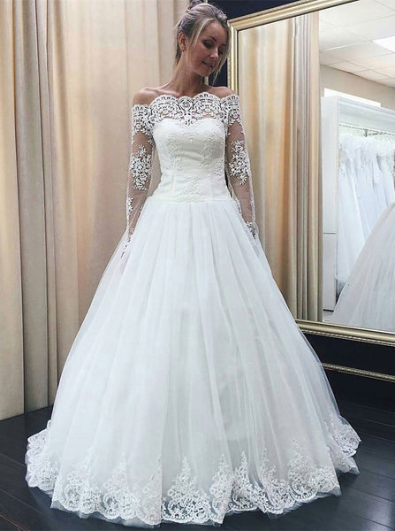 White Wedding Dresses,Wedding Dress with Sleeves,Off the Shoulder Wedd ...