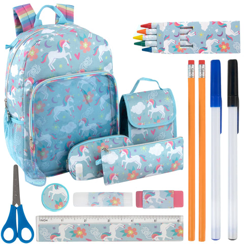 17" Unicorn Backpack & Lunch Bag with 18-Piece School Supply Kit - BagsInBulk.com