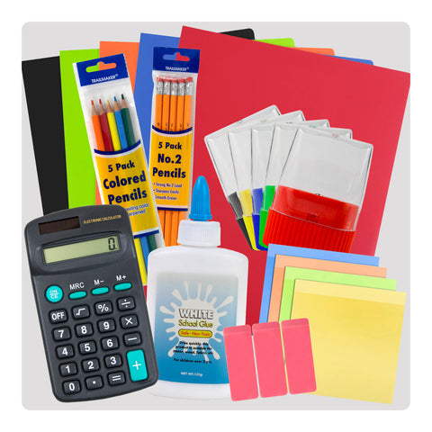 a collection of classroom supplies