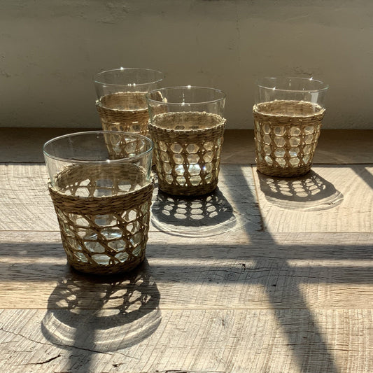 Set 2 Seagrass Highball Glasses, Woven Seagrass Wrapped Glassware, Braided  Weaving Seagrass Holder Drinkware Dinnerware Housewarming Gift 